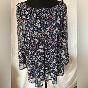 Flowered 2 layer peasant blouse 100% polyester with 10% spandex